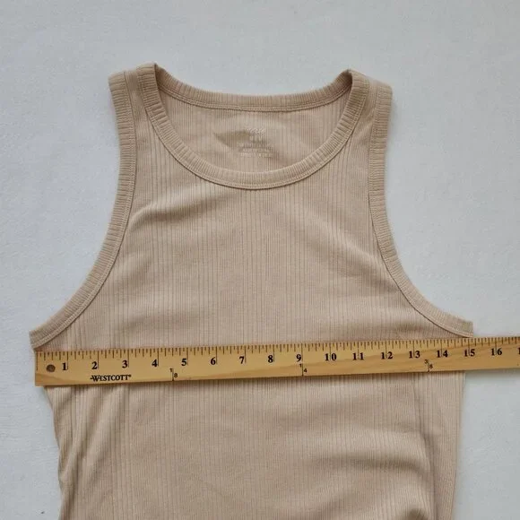 Aerie Beige Ribbed Ruched Fitted Midi Tank Dress Summer Beach Vacation Sexy Glam - Picture 6 of 8